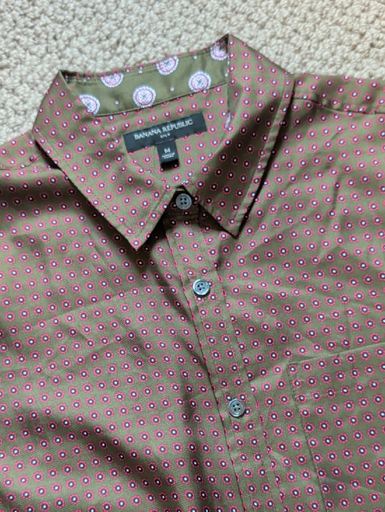 Banana Republic Tops - Banana Republic Olive Green Button-Down Shirt with Pink Dot Medallion Print M